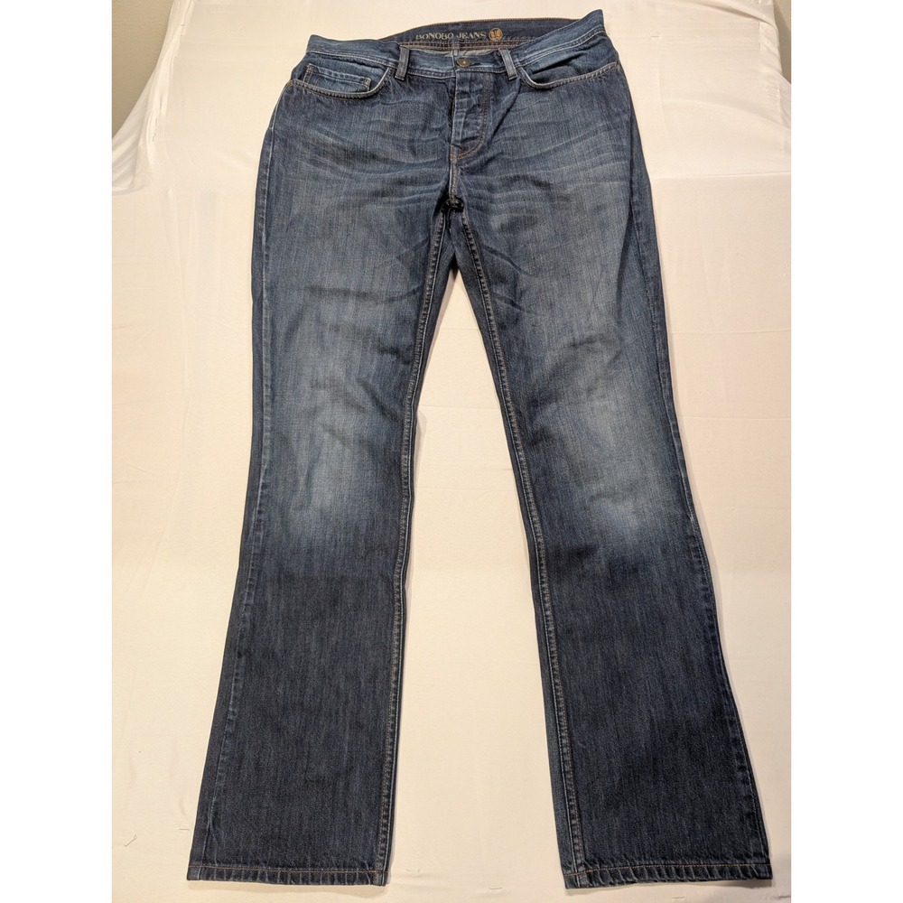 Bonobo Jeans Mens 34/34 Straight Leg Medium Wash Denim Blue Jeans Button Fly
